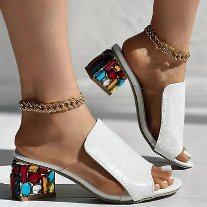 Wide Slip-On Mules for Women Featuring Chunky Mid-Heel And Open-Toe Design in Black Faux Material, Ideal for Comfort at The Beach, Casual Outings, And Semi-Formal Occasions. These Shoes Are Easy to Put on And Take Off, Perfec