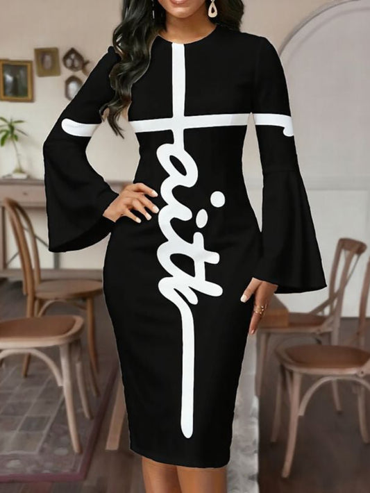 2D Flat Print Women'S Colorful Letter Print Bell Sleeve Bodycon Dress | Sporty and Casual Slim-fit, Elegant and Noble, Retro Ethnic Style, Perfect for Spring/Summer, Slight Stretch Fabric, Ideal for Valentine'S Day or Carniva