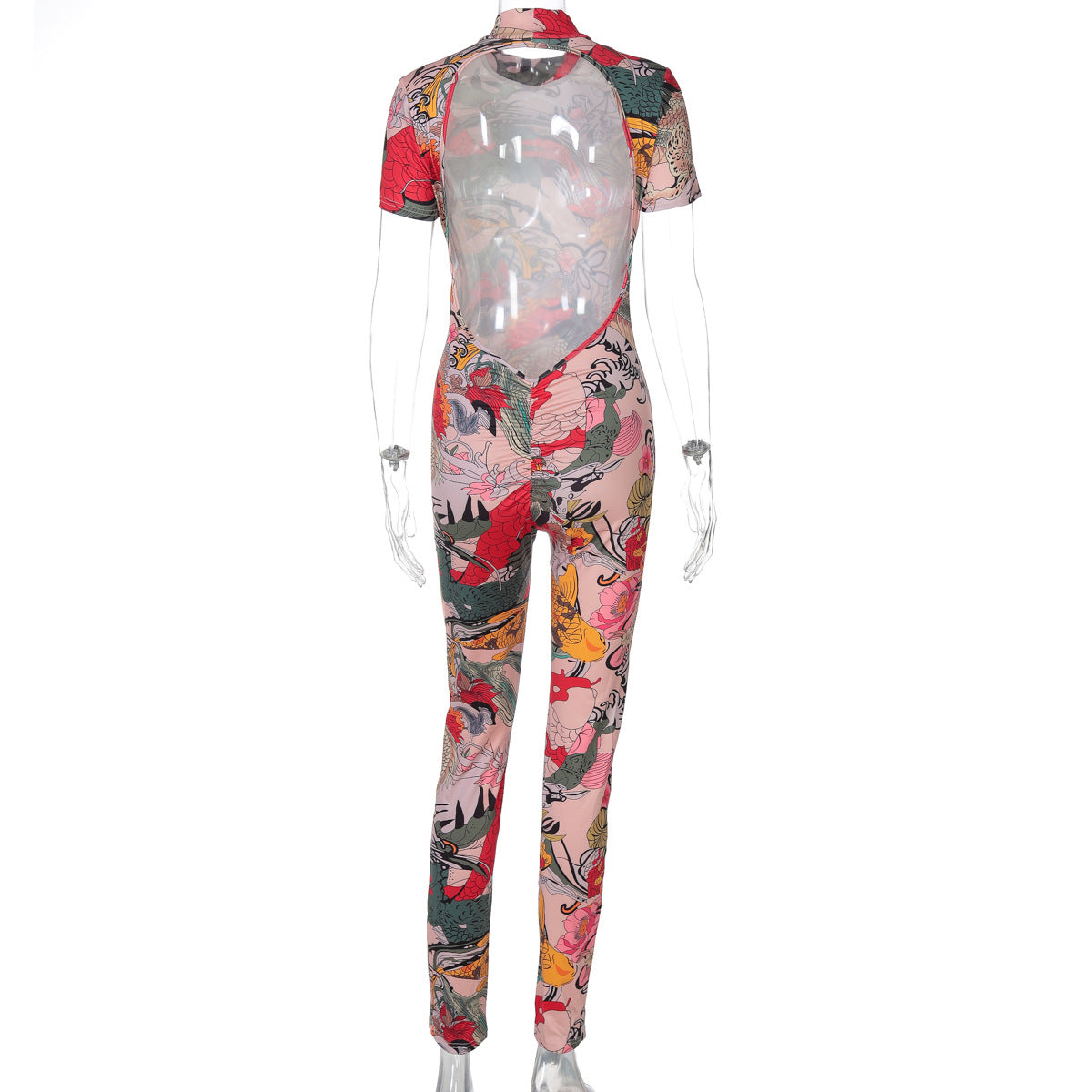 Women'S All-Over Print High-Neck Short Sleeve Jumpsuit - Slim-Fit See-Through Backless Bodysuit with Animal & Abstract Patterns, All-Season Elegant Party & Casual Outfit, Comfortable Stretch Fabric for Year-Round Wear (No Lin
