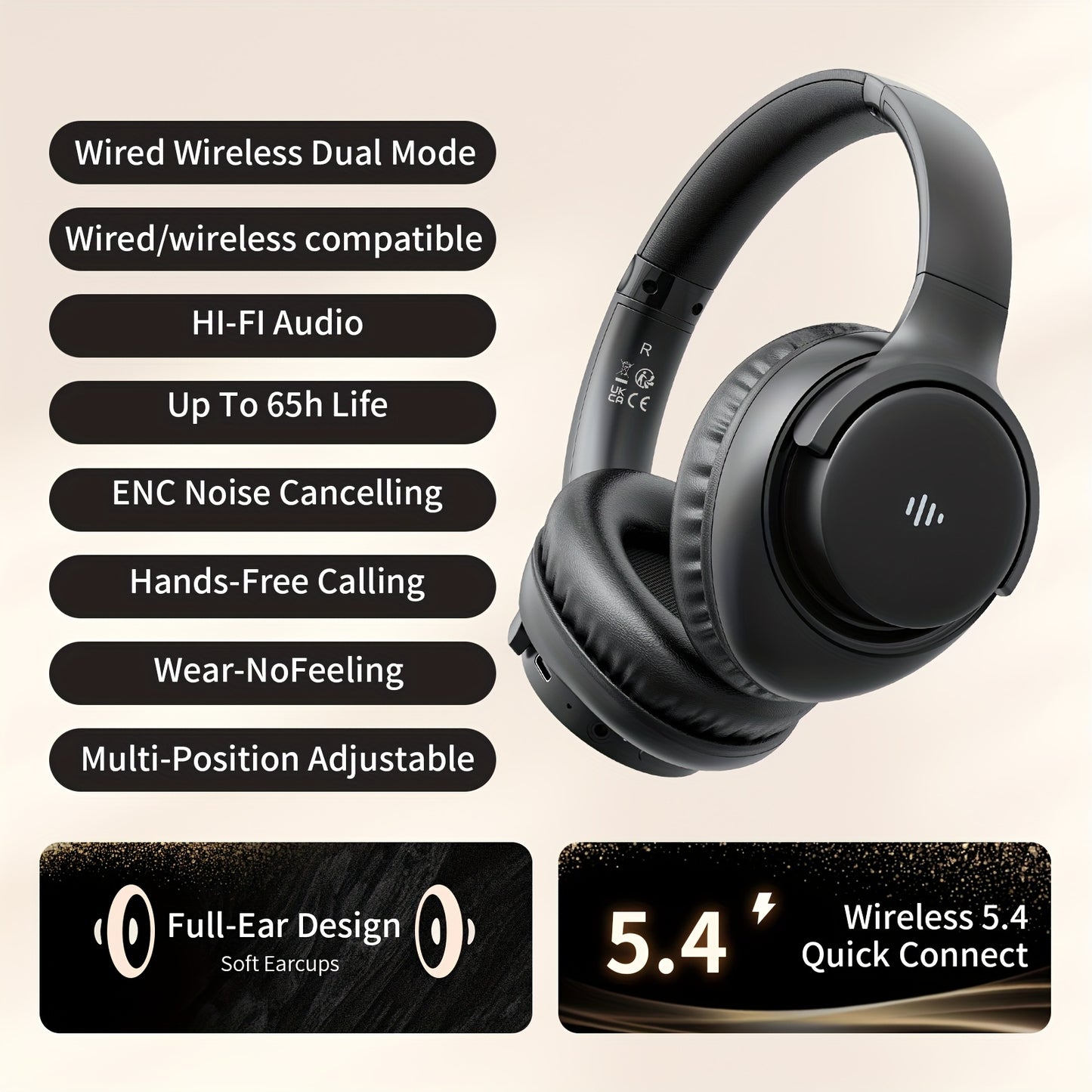 Wireless Noise Cancelling Headphones, Wireless Earbuds With Deep Bass, HiFi Stereo Sound Low Latency, Lightweight Foldable Headphones With Built-in Microphone, For Work Laptops, Mobile Phones, On-head Gaming Headphones, Compa