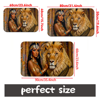 1pc Cleopatra and Lion Non-Slip Door Mat – Microfiber Absorbent, Machine Washable Polyester Rug with Egyptian Motifs, Perfect for Bathroom, Bedroom, Living Room