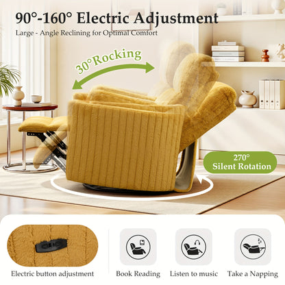 KERDOM 3-in-1 Electric Rocker Recliner Chair with 270° Swivel & Memory Foam, Heavy-Duty Rocking Recliner Sofa Bed with Global Voltage (110-240V), Plug-in Floor Design (No Wood Parts) - Beige/Yellow/Gray