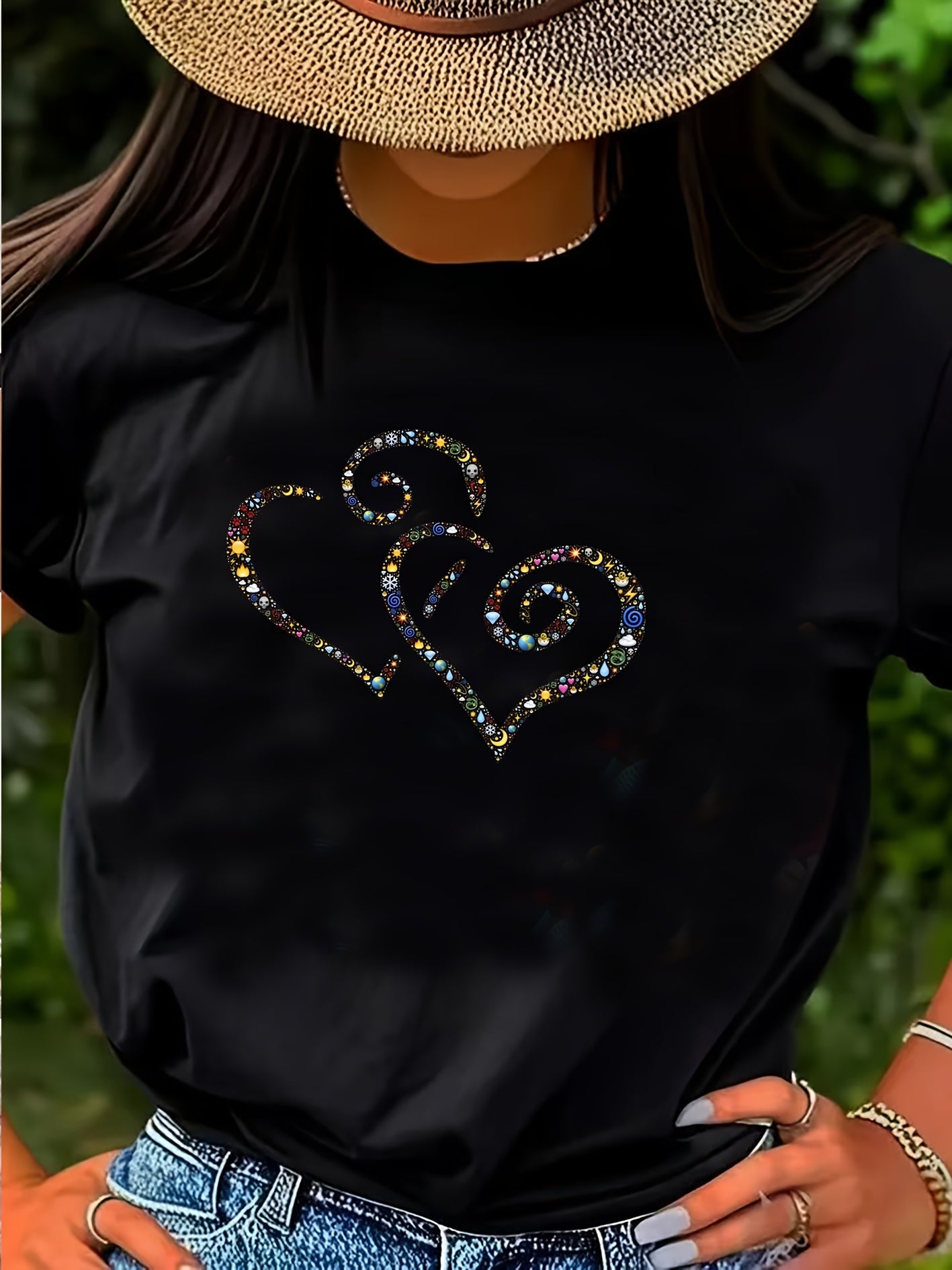 Women's Casual Short Sleeve T-Shirt with Rhinestone-Embellished Heart Print - Round Neck Relaxed Fit, Medium Stretch Fabric, Machine Washable, All-Season Versatile Top for Casual Attire & Vacations (S-XXL, Multi-Color Options