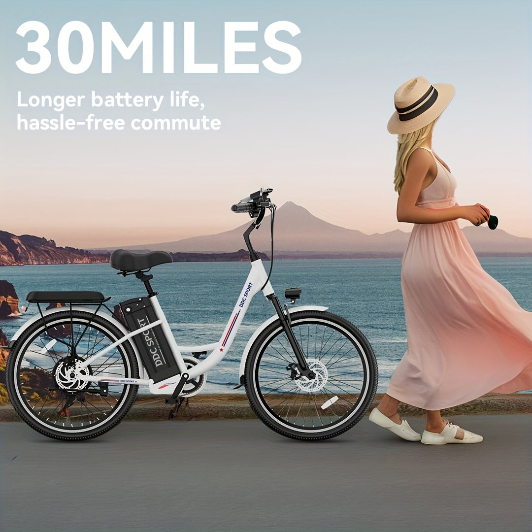 24-inch Wheels, 20-26MPH Commuter, LCD Display, 7 Speed Shift Adult Electric Bicycle, 350-500w Powerful Motor, 36V 10.4A Lithium Battery, Aluminum Alloy Body, Front Fork Shock Absorber, Headlights, Night Driving Protection, B