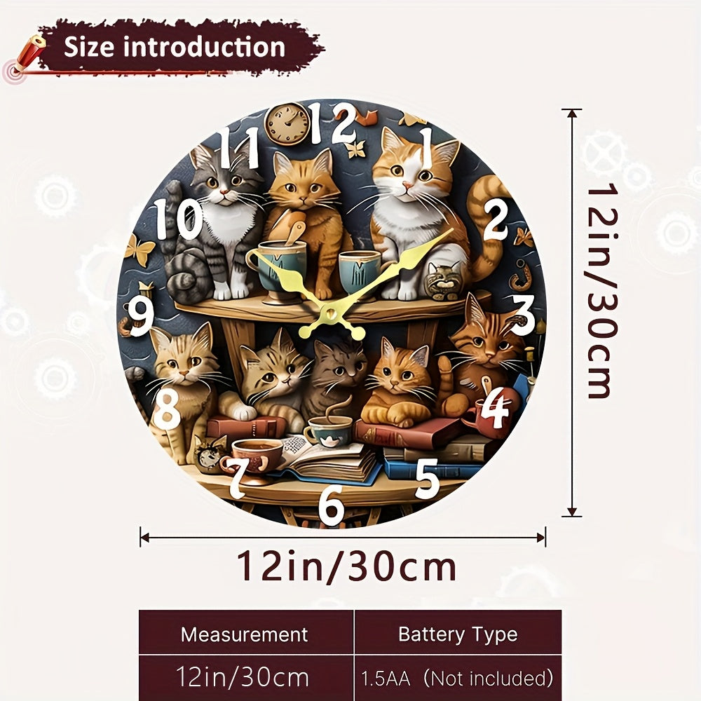 [12-Inch Silent Cat Clock] 12-Inch Silent Quartz Wall Clock with Wooden Fiber | Whimsical Cat Design, Charming Illustration of Cats with Teacups and Books, Perfect for Living Room, Home, Dorm, Office Decor | Requires 1 AA Bat