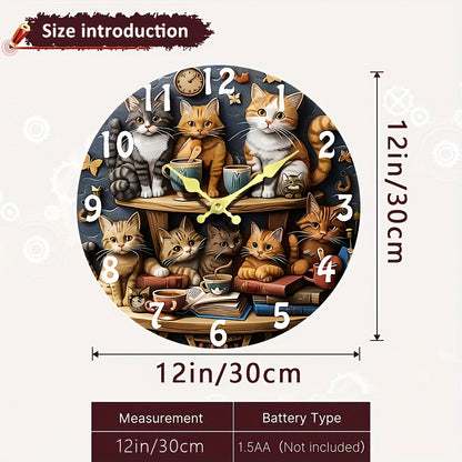 [12-Inch Silent Cat Clock] 12-Inch Silent Quartz Wall Clock with Wooden Fiber | Whimsical Cat Design, Charming Illustration of Cats with Teacups and Books, Perfect for Living Room, Home, Dorm, Office Decor | Requires 1 AA Bat