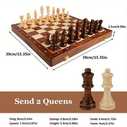 38.1cm X 38.1cm/15" X 15" Chess Solid Wood Large Premium Folding Set, Chess Pieces Solid Wood, Checkerboard Walnut, Internal Storage Box