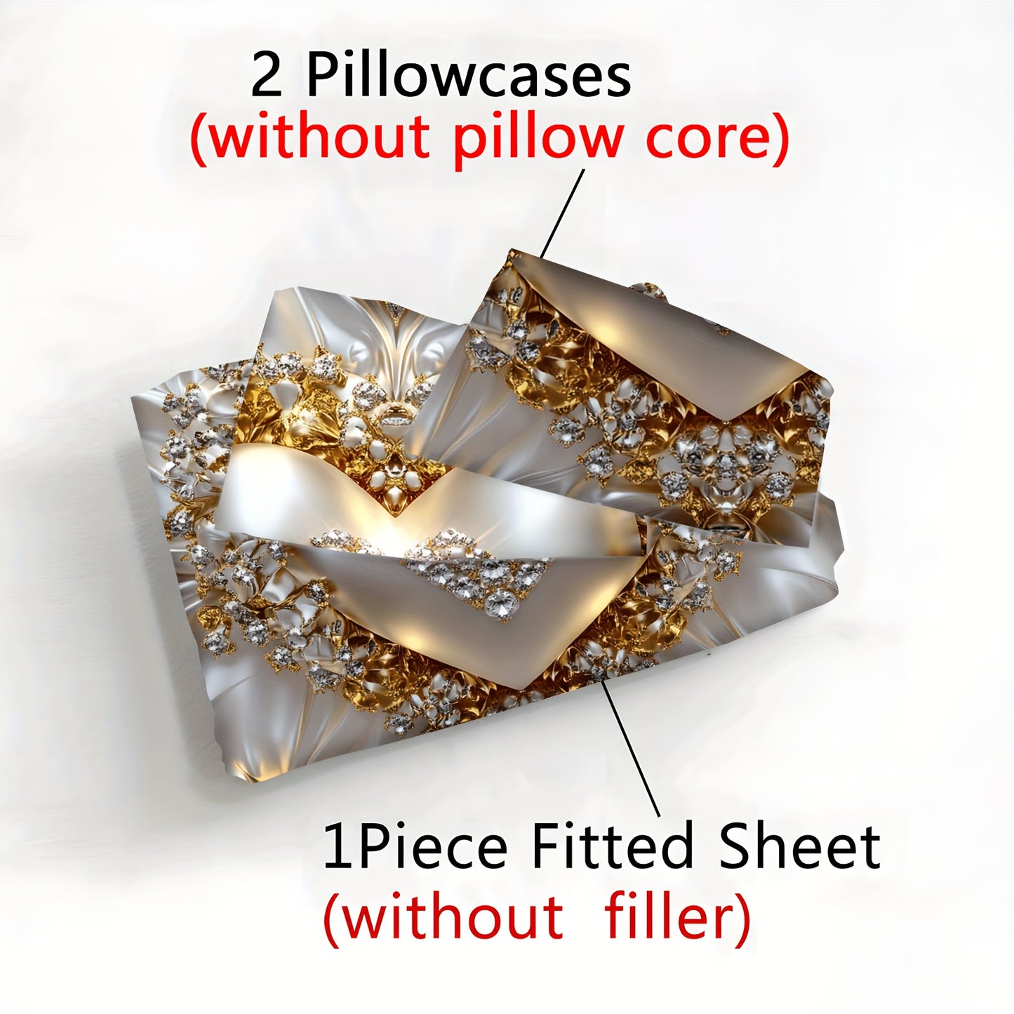 3pcs Heart Jewel Print Fitted Sheet Set, Golden Heart with Gemstones, Breathable Polyester, Machine Washable for All Seasons Ideal for Bedroom Guest Room Master Suite and More Includes 1 Fitted Sheet and 2 Pillowcases No Matt