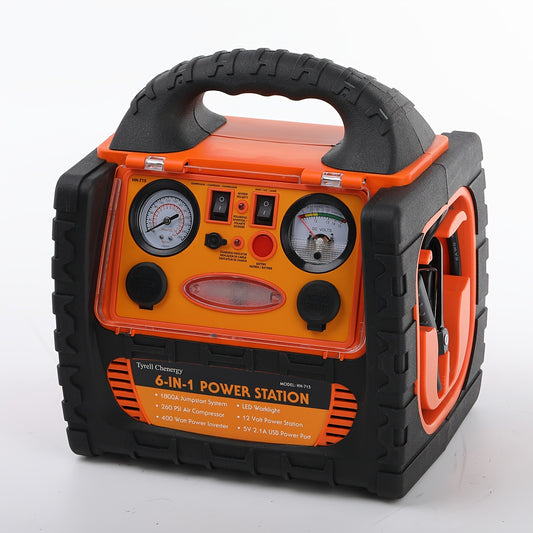 1800 Amp Portable Power Station & Car Jump Starter with Air Compressor - Heavy-Duty 260 PSI Tire Inflator, 400W AC/DC Inverter, 2.1A USB Port, Dual Power Outputs, Battery Clamps Included for Emergency, for Backup, USB- Operat
