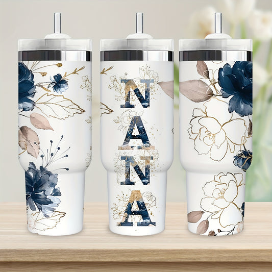 1pc 30oz Floral NANA Stainless Steel Insulated Tumbler with Lid & Straw, Double-Wall Vacuum Insulated Cup for Hot & Cold Drinks, Perfect for Outdoor Travel, Birthday & Holiday Gifts, Travel Drinkware | Floral Pattern Tumbler