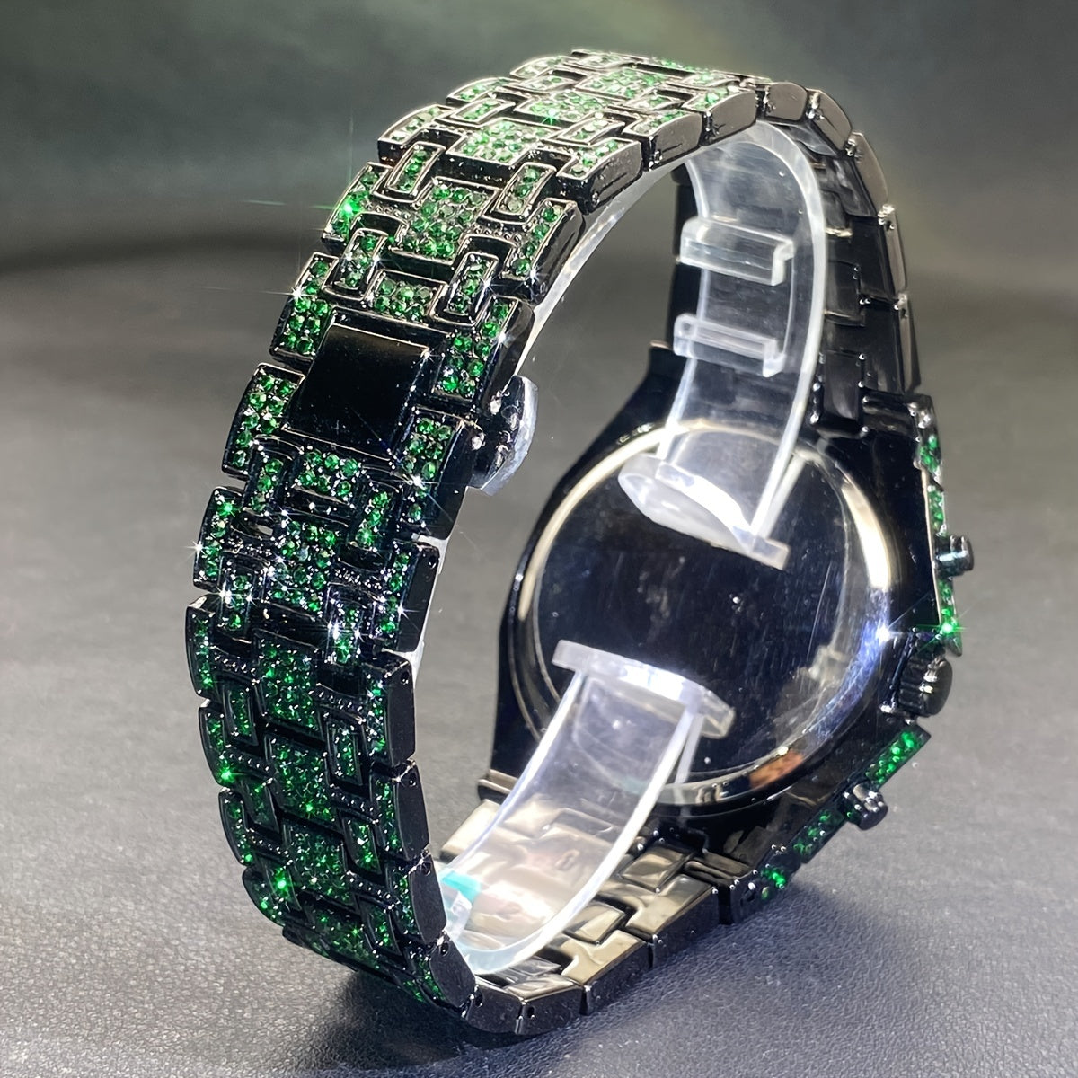 Men's Hip-hop Watch, Dating Party Men's Watch, Large Dial Green Ice Rhinestone, Luminous Pointer Clock, Men's Luxury Gift