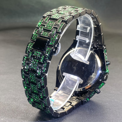 Men's Hip-hop Watch, Dating Party Men's Watch, Large Dial Green Ice Rhinestone, Luminous Pointer Clock, Men's Luxury Gift
