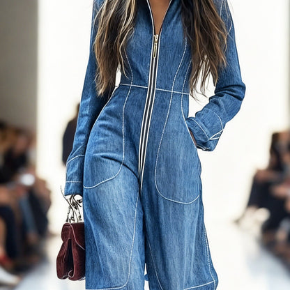Bohemian-style Casual Retro Printed Women'S Long-sleeved Stand-up Collar Jumpsuits | With Zipper Double Pockets, Perfect for Spring/Fall, SCACTO Brand