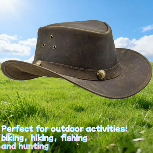 Men and Women Brown Genuine Leather Cowboy Western Hat – Classic Outdoor Ranch Style for Rodeo, Country Festivals, Horseback Riding, Camping, Hiking, Travel & Daily Wear – Great Gift for Thanksgiving, Christmas, New Year,