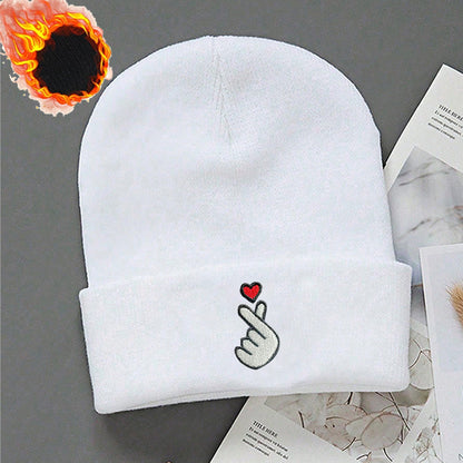3-Pack White/Grey/Black Beanie Hats with Heart & Thumbs Up Hands Logo - Lightweight Stretch Winter Caps for Men & Women, Unisex Foldable Warm Beanies for Skiing, Outdoor Activities, Parties (Easy-Care, One Size Fits All)