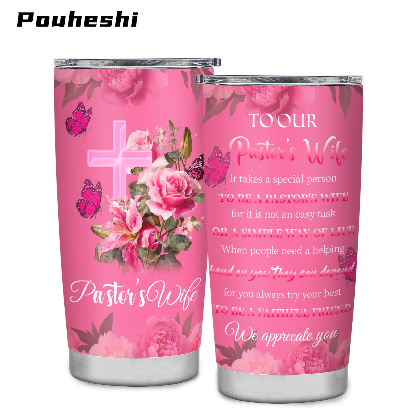 1pc 20oz Double-Layer Insulated Stainless Steel Water Cup, Shatterproof, Sealable, With Lid, 304 Stainless Steel, Letter Print, Pastor'S Wife Theme, Personalized Gift, for Friend