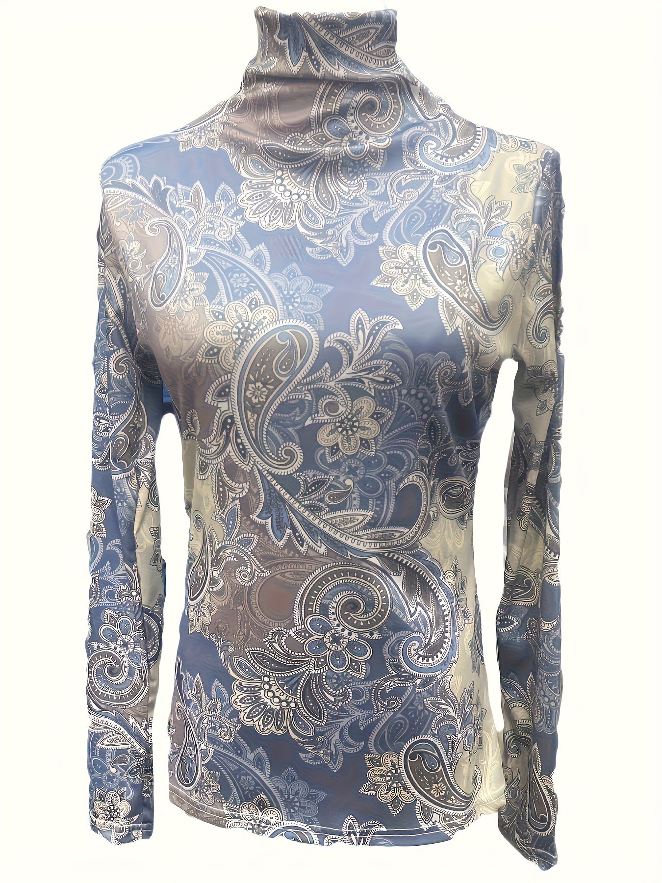Plus Size - Plus Size Long Sleeve T-Shirt for Women with a Semi-High Collar, Featuring a Printed Design, Perfect for Autumn And Winter, Tailored to Create a Slim Silhouette.