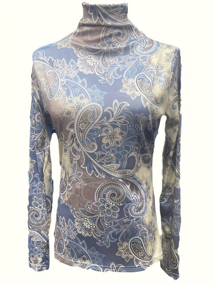 Plus Size - Plus Size Long Sleeve T-Shirt for Women with a Semi-High Collar, Featuring a Printed Design, Perfect for Autumn And Winter, Tailored to Create a Slim Silhouette.