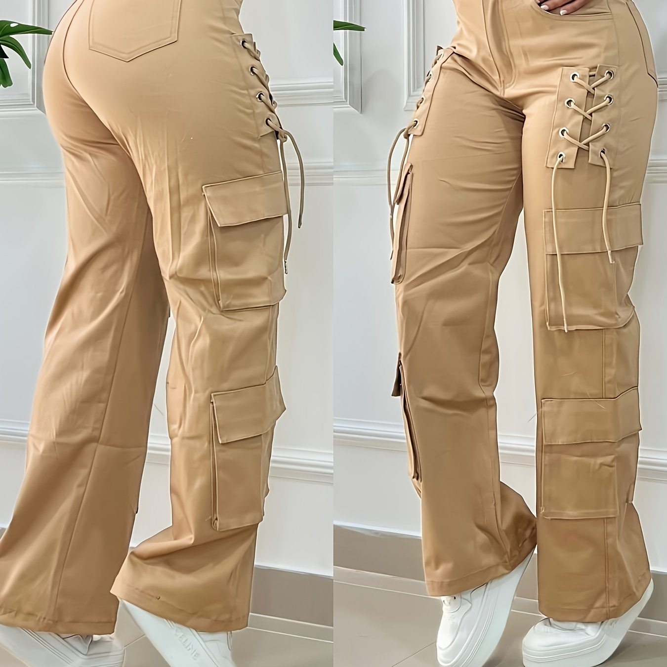 Women' - Heavy-Duty Pants with Multi- Utility - Solid Color Trousers, Tie-Front Closure & for (No Stretch Fabric) - Casual Outdoor & Professional Wear, Machine Washable