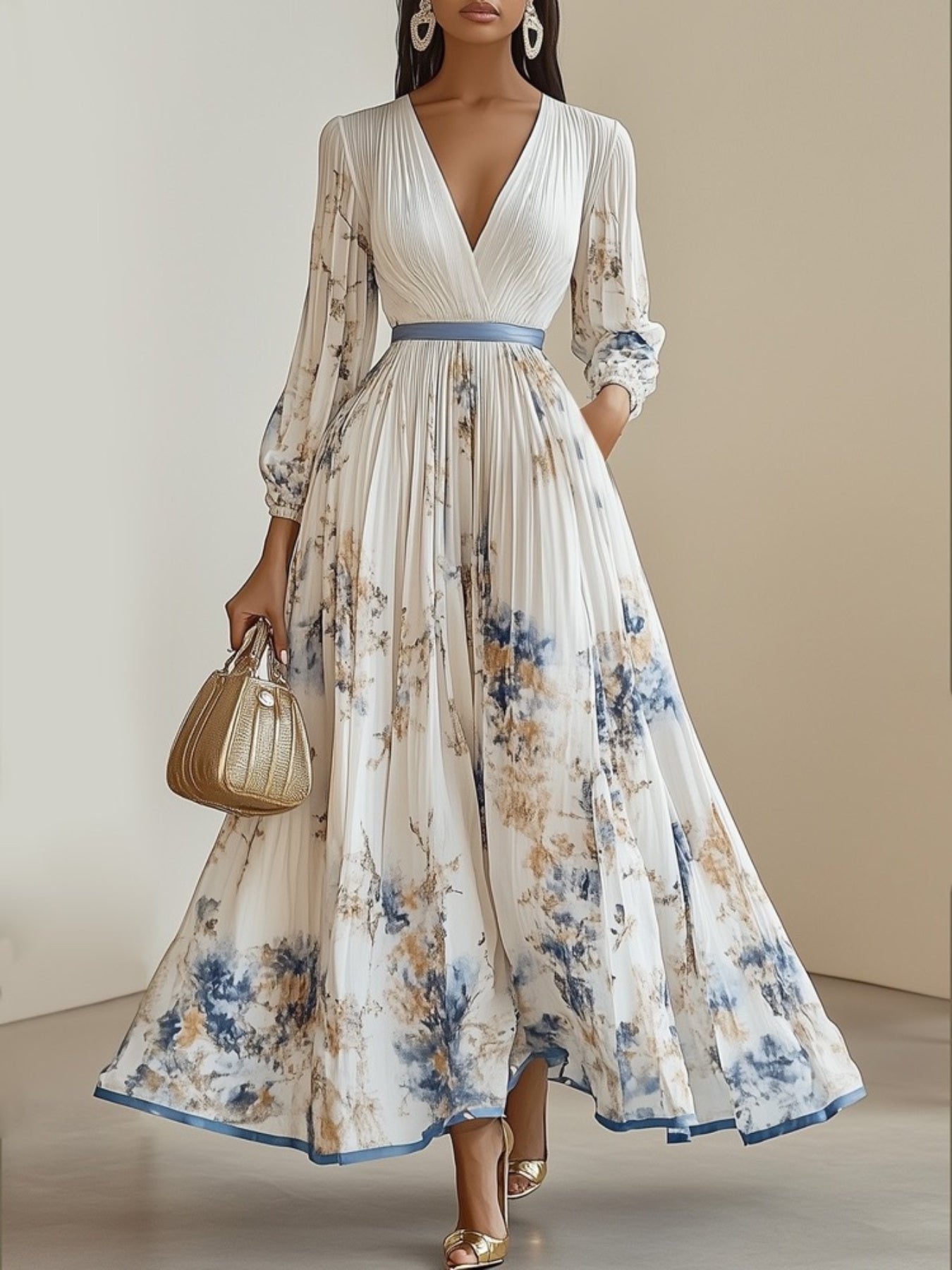 Women's Elegant A-Line Maxi Dress with V-Neck & full-length Zipper Back - Long Sleeve Summer Wedding Guest Gown, Pleated Maxi, Non-Stretch Fabric (Hand Wash/Dry Clean) - Floral print suitable for Prom, Party, Special Occasion