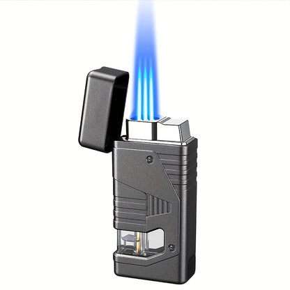 Cigar Lighter Torch Lighter Triple Flame Butane. Refillable Lighter with Cigar Holder, All-in-one Lighter, Stylish Men's Gift. Portable Lighter Perfect Suitable for Outdoor, Indoor, BBQ, Candle. Windproof Torch Lighter(Butane