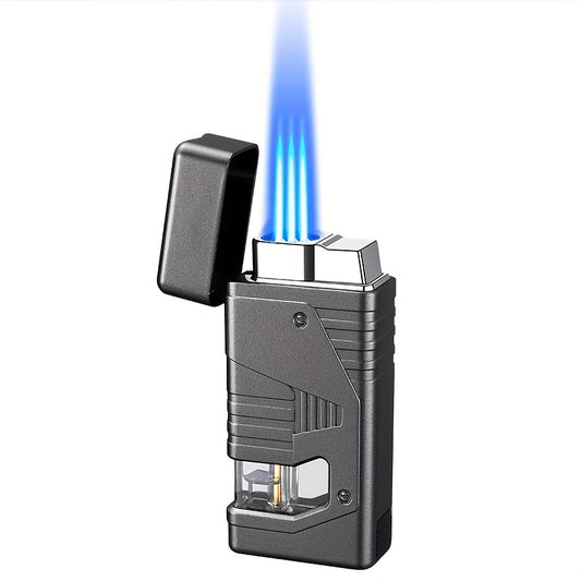 Cigar Lighter Torch Lighter Triple Flame Butane. Refillable Lighter with Cigar Holder, All-in-one Lighter, Stylish Men's Gift. Portable Lighter Perfect Suitable for Outdoor, Indoor, BBQ, Candle. Windproof Torch Lighter(Butane