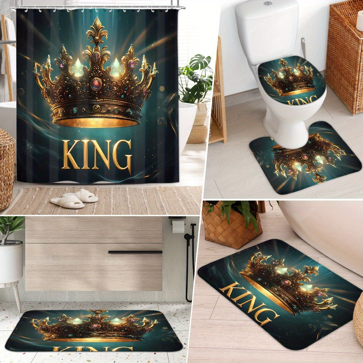 4pcs King Pattern Shower Curtain Set, Fashion Bathroom Curtain Set with 12 Hooks Included, Matching Anti Slip Mats & Toilet Covers, Modern Bathroom Accessories Ideal for Home Decor & Housewarming Gift