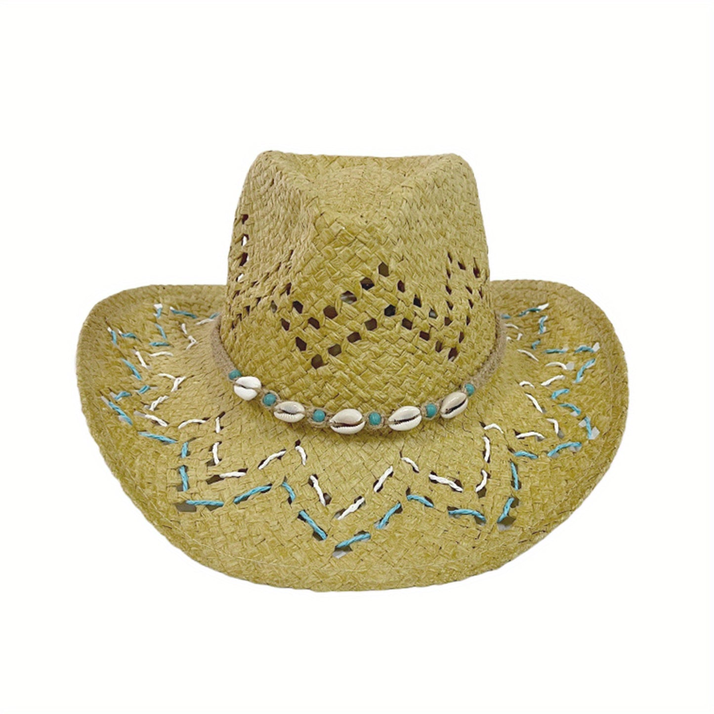 Women Summer Western Cowgirl Hat Bead Belted Wide Brim Straw Beach Cap