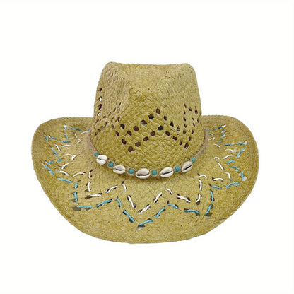 Women Summer Western Cowgirl Hat Bead Belted Wide Brim Straw Beach Cap