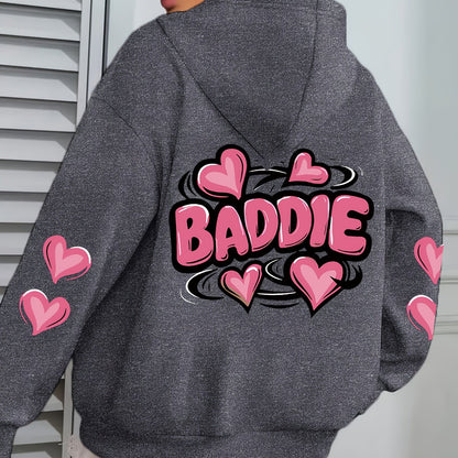 Women's Plus Size Oversized Hooded Sweatshirt 1XL-5XL - Cozy Baddie Graphic Hoodie with Heart Print, Long Sleeve Pullover, All-Season Casual Wear, Black Sweatshirt for Women Suitable for 1XL-5XL