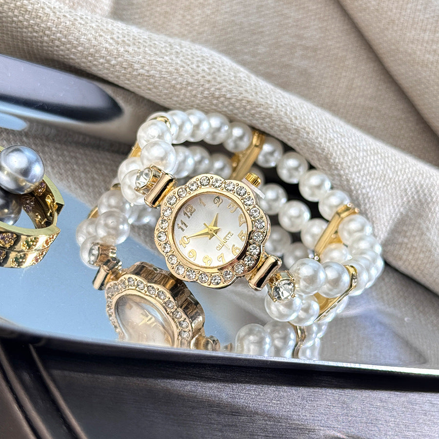 Double-row Imitation Elastic Watch for Women, Light Luxury Flower Zirconia Watch, Bracelet Watch for Women, Hand Watch for Women, Formal Wristwatch, Women'S Watch, Floral Design, Elegant Bracelet, Alloy Case, Quartz Movement,