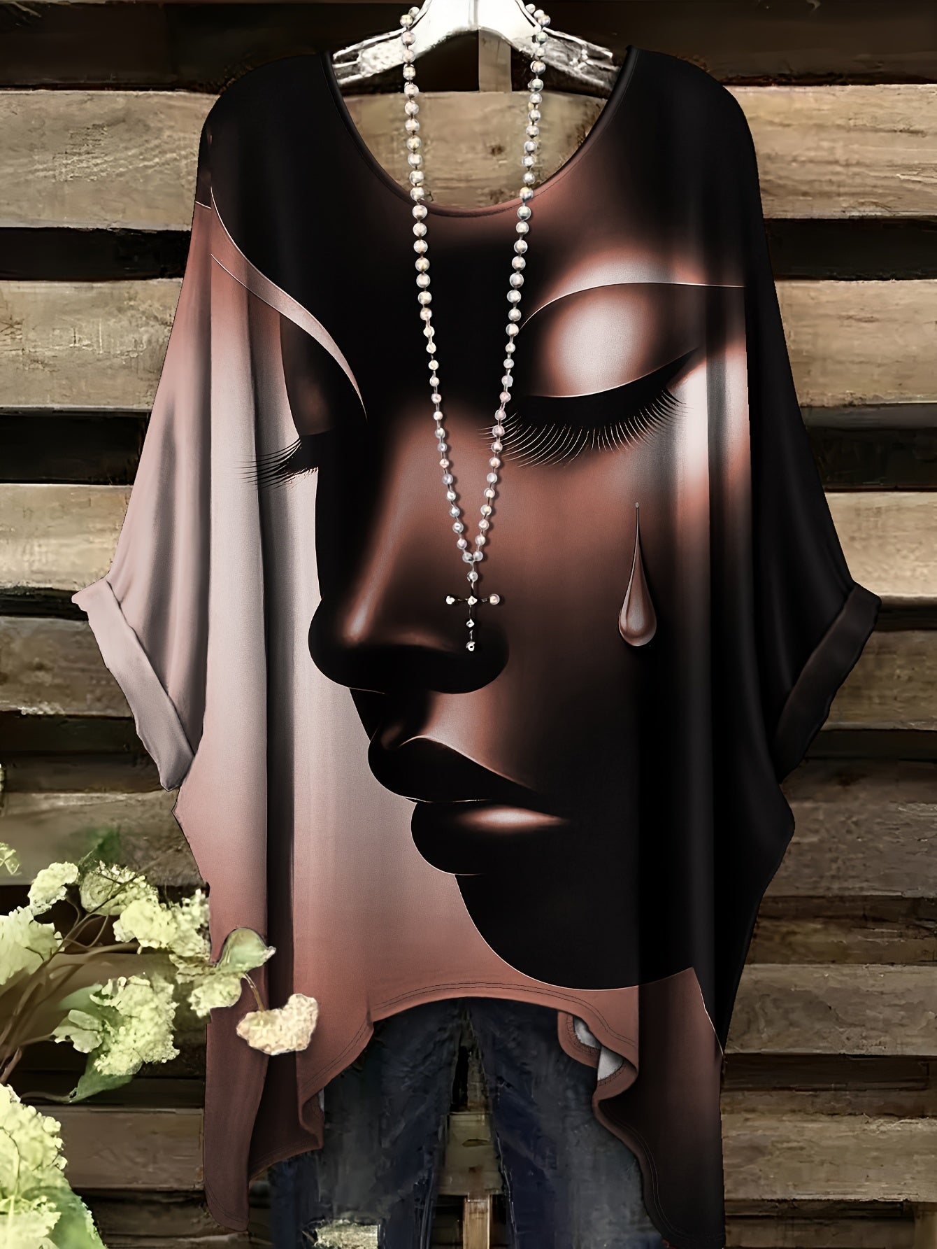 Plus Size - Casual Elegant Comfortable Crew Neck Short Sleeve T-Shirt | Large Size, Tearful Dream Portrait Print, No Accessories