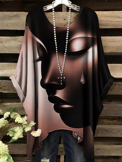 Plus Size - Casual Elegant Comfortable Crew Neck Short Sleeve T-Shirt | Large Size, Tearful Dream Portrait Print, No Accessories