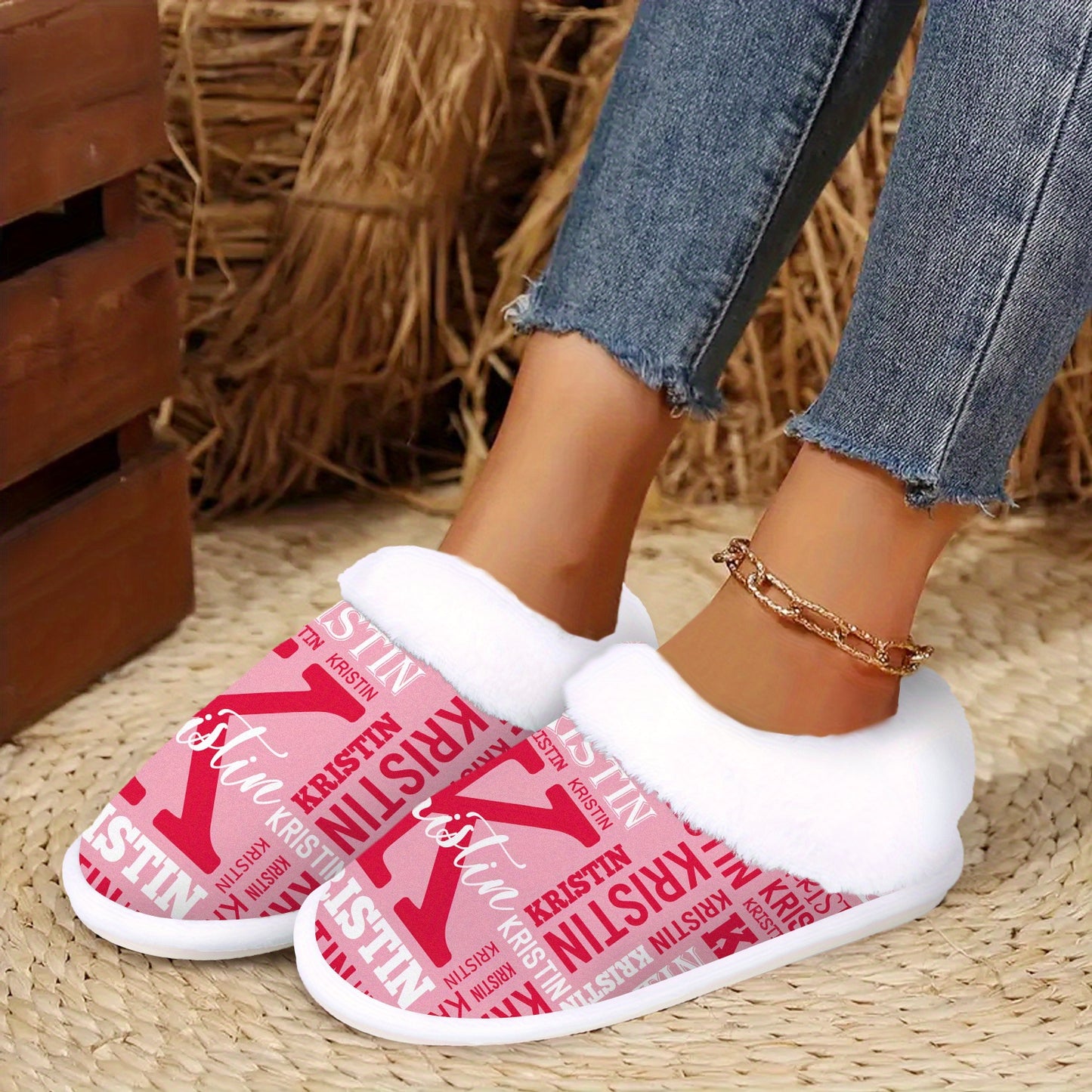 Personalized Women's Custom Name Slippers - Add Your Own Name, Non-Slip Rubber Sole, All-Season Indoor House Shoes, Machine Washable - Ideal Gift for Women (Birthday, Christmas) - Cozy Personalized Lounge Footwear, Slipon Des