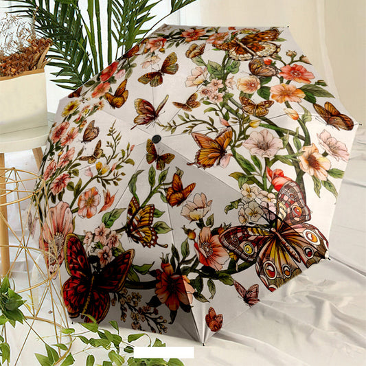Automatic Open/Close Umbrella with One-Touch Button - 8-Rib Compact Folding Canopy, Large Floral & Butterfly Print (Pink/Red/Yellow/Green) - Unisex Portable Travel Umbrella for Men & Women, Windproof Lightweight Design with W