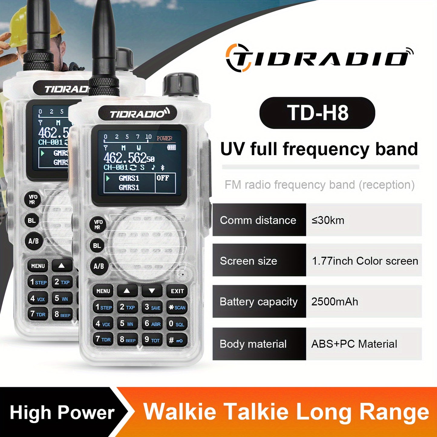 TIDRADIO TD-H8 2nd Gen 10W High-Power Handheld Two-Way Radio - 2500mAh Long-Lasting Battery, UHF Frequency 136-174MHz, 5000 Channels with Repeater List, FM Radio & Compatible, -Powered for Ham/GMRS/Radio Use, Durable Walkie T