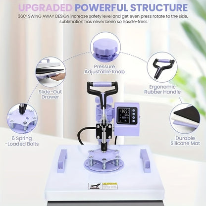 15x15 Inch 5-in-1 Set Heat Press Machine for Everything Transfers, Swing Away Press Machine for T Shirt, Bags, Pillows, Plates(6" And 8"), Tumblers, Mugs, Cups, Hats And Caps(5.5"x3") - Hat Heat Press - 3in 1 Can Only Press H