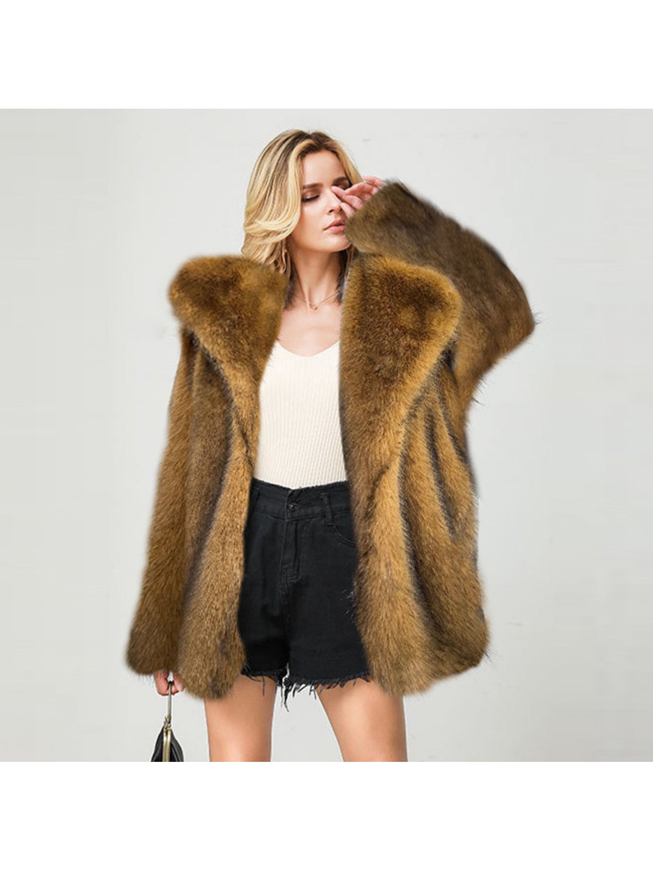 Women'S Elegant Luxurious Mid-Length Faux Fur Coat - Soft Warm Imitation Rabbit & Fox Fur Jacket, Solid Color Winter Outerwear with Full-Length Lining, Cozy Fall/Winter Coat for Casual & Formal Outfits, Versatile Everyday to