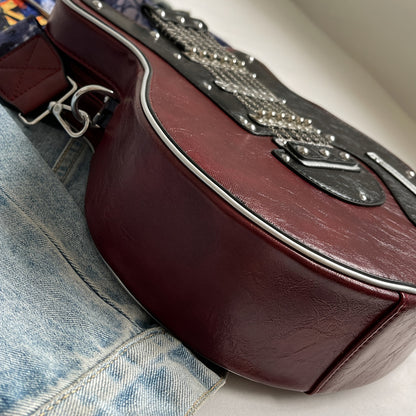Y2K Retro Guitar Crossbody Bag - Lightweight Shoulder Bag with Chain & Rivet Accents, Removable Strap, Zipper Closure, Polyester Lining for Street Fashion & Daily Use, Musicthemed Accessory, Durable Zipper Closure