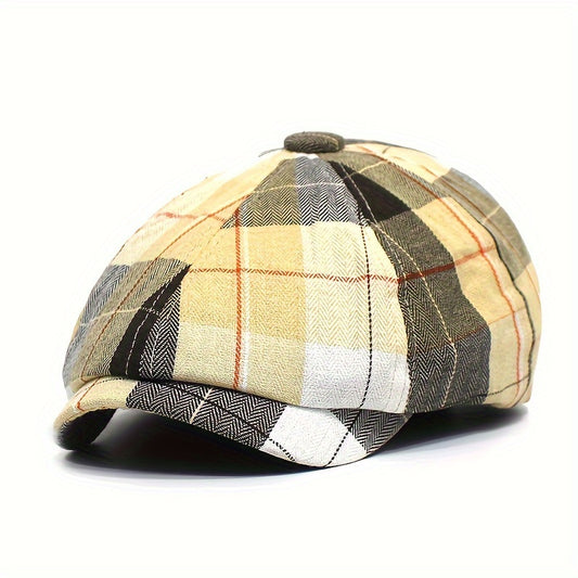 New Plaid Octagonal Hat, Vintage Artistic Newsboy Cap, Women'S Casual Beret, British Style, Lightweight, Non-Stretch, with Random Printing Pattern, for Holida