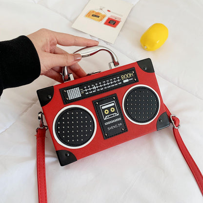 Women's Crossbody Bag with Vintage Boombox Design - Messenger Purse, Chain-like Hardware, Compact Everyday Bag for Women (Black/Red) - Retro '00s Nostalgia Shoulder Bag, Crossbody Purse, Sturdy Strap Design