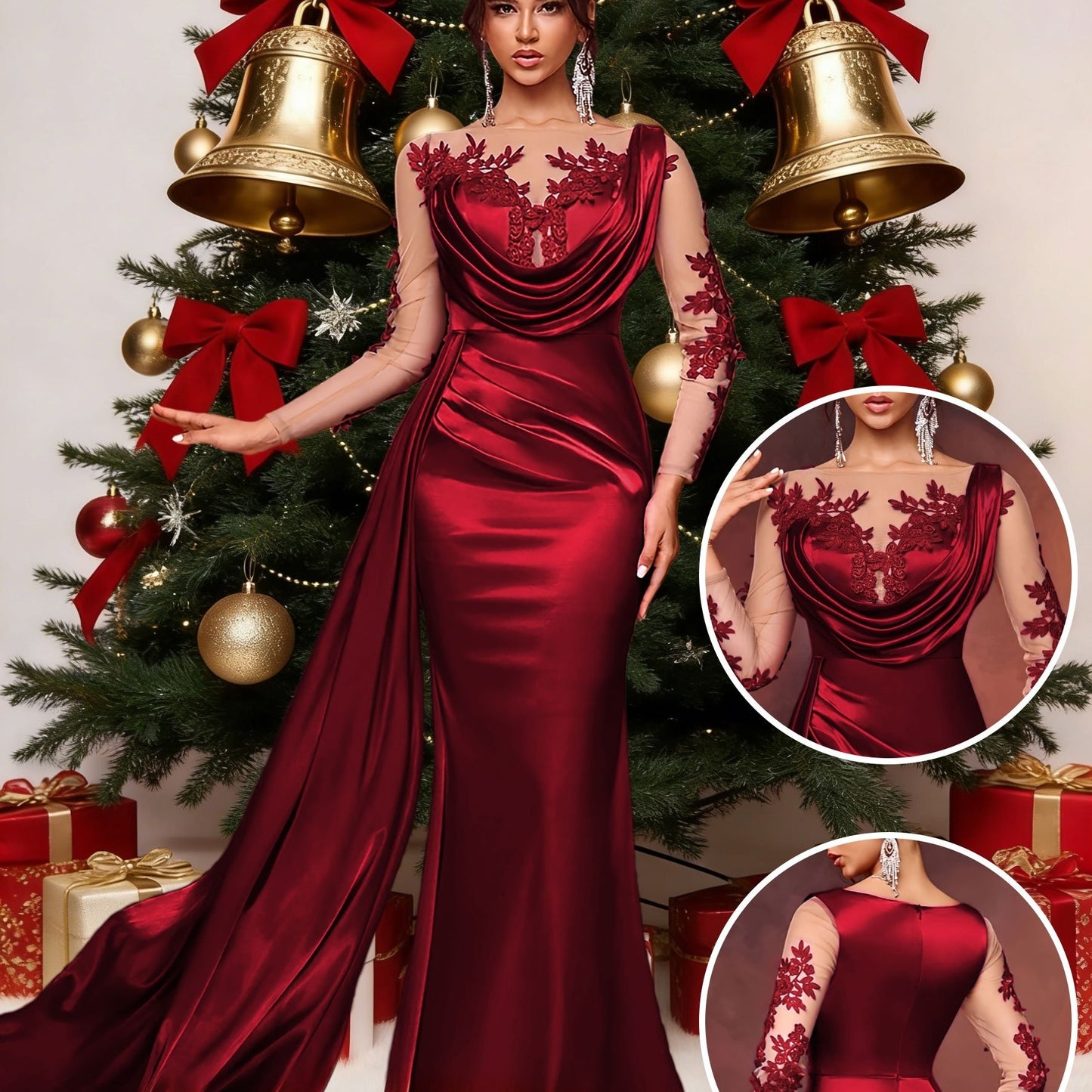 Elegant Long Ladies' Gown with Lace Detail | Solid Color, Contrast Mesh, Long Sleeve, Gown Hem, Ideal for Christmas, Birthday, Graduation, Travel