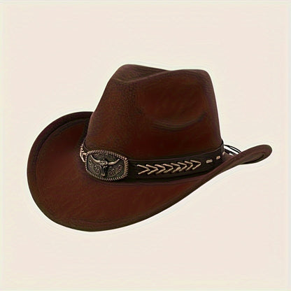 3pcs Unisex Western Cowboy Hats - Wide Brim Sun Protection, Metal Bull Head Buckle & Braided Faux Belt, Vintage Style for Outdoor Riding, Hiking, Rodeo (Black/Brown/White) | Classic Cowboy Style | Faux Fabric