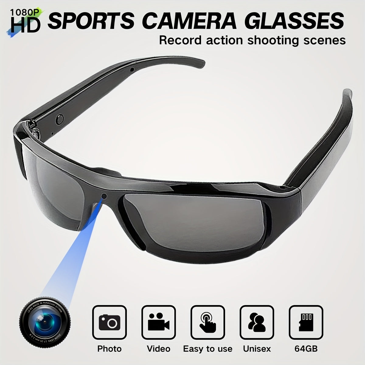 High Definition Video Glasses, 1080P High-definition Smart Glasses, Wearable Video Glasses, 90 Minute Battery Life, 75 ° Wide-angle, 64GB Storage Card, Sports And Conference, Body Camera