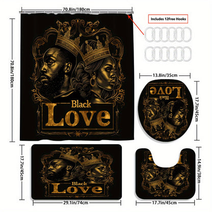 4pcs Black Golden Coronation Ceremony Pattern Printed Shower Curtain Set, Dry and Wet Separation Bathroom Four-piece Set, Home Decoration Shower Curtain with 12 Hooks, Non-slip Mat, U-shaped Toilet Mat, Toilet Seat Mat, Funct