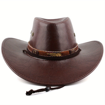 Women Men Western Hat Faux Leather Wide Brim Cowgirl Cap Sun Protection Hat for Outdoor Party