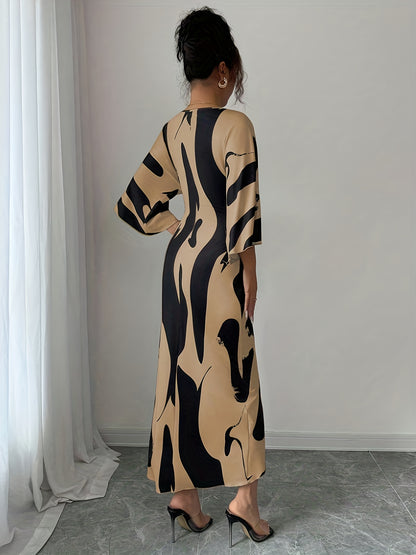 This Elegant Midi Dress Features a Unique Apricot Base Color with a Milk Digital Print, High-Stretch Fabric, a V-Neck, And a Stylish Waist Twist Design. Its Irregular Hem Adds a Niche Touch, Making It Perfect for High-End Aut