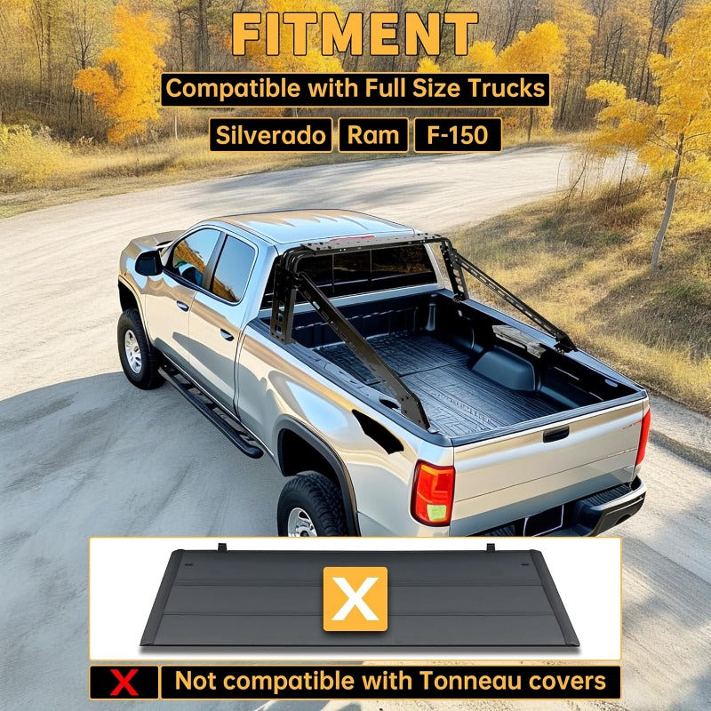 Adjustable Roll Bar Chase Rack Compatible with Full Size Trucks Silverado Ram F150 Sports Bar Cargo Rack Black Steel