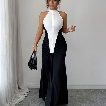 European Style Black White Spliced Maxi Dress | Halter Neck, Sleeveless, Pleated Skirt, Button Details, Elegant Wedding Guest Dress for Fall.