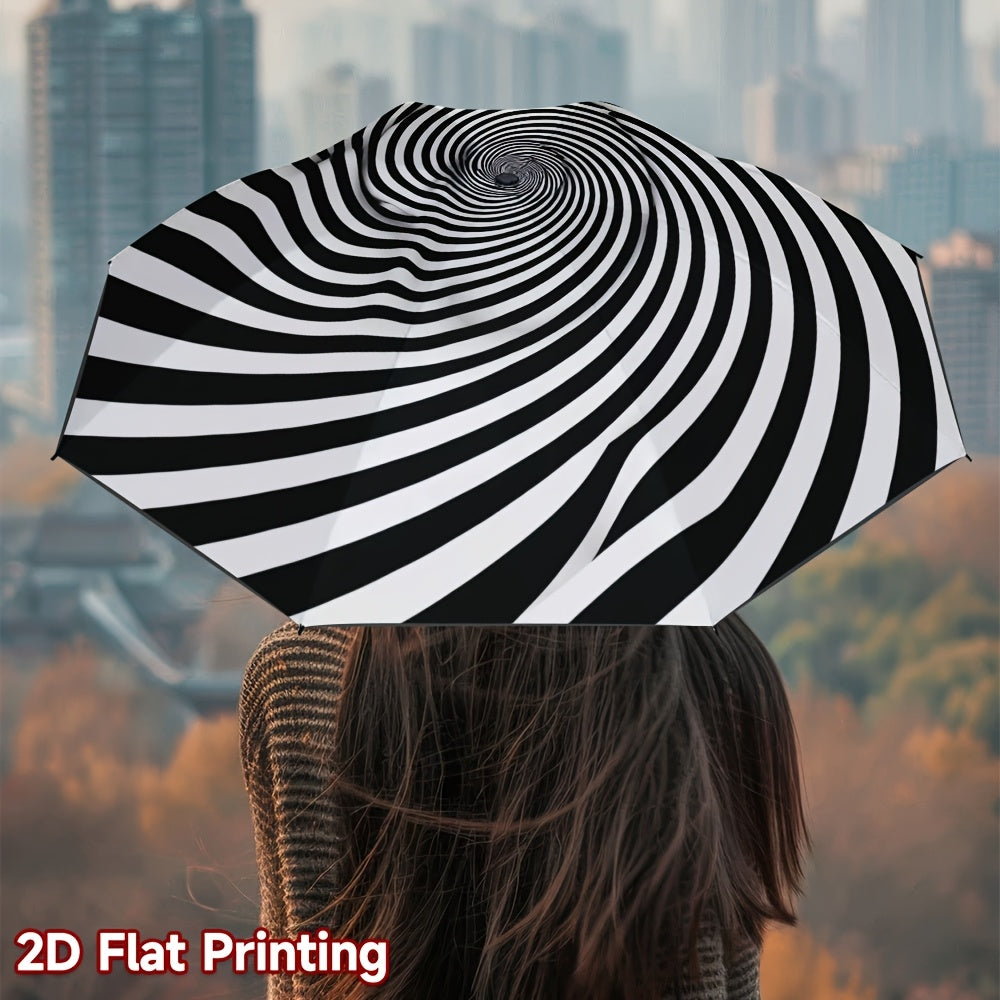 1pc Automatic Open/Close Umbrella with Auto-Folding Mechanism, 8-Rib Heavy-Duty Iron Frame & Black/White Spiral Canopy - Automatic Folding Portable Travel Umbrella for Men & Women, Compact  Umbrella for Everyday Carry, Perfec